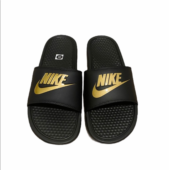 mens black and gold nike slides